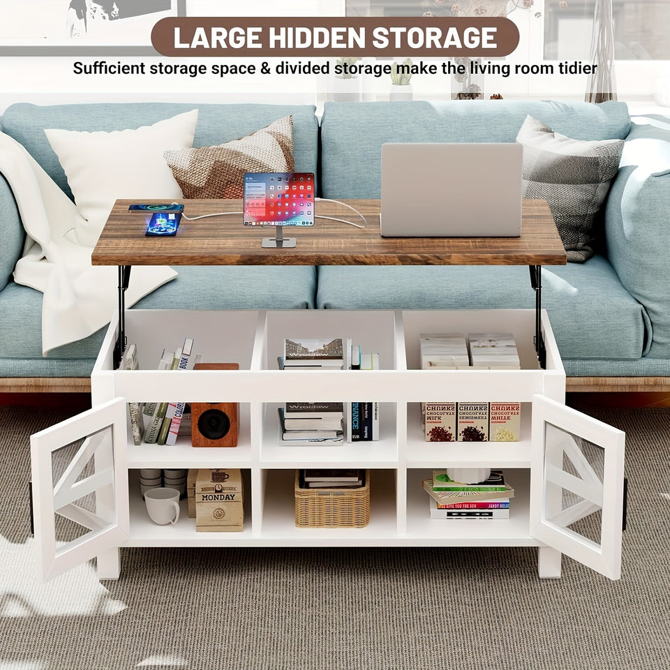 Lift Top Coffee Table with RGB Lights, Farmhouse Coffee Table with Charging Station, Dining Table with Large Hidden Storage Shelf for Living Room, 22" (55.8cm) D x 40.1"(101.85cm) W x 19" (48.26cm) H