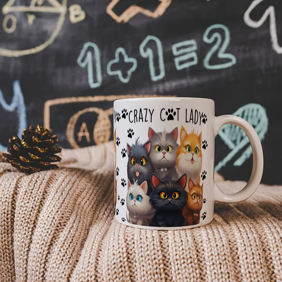 Crazy Cat Lady Ceramic Coffee Mug - Hand Wash Only, BPA-Free, Insulated, Reusable, Round Shape - Animal Themed Graphic Print Mug for Multipurpose Use - Perfect Gift for Cat Lovers on Christmas, Thanksgiving, Valentine's Day,