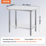 Stainless Steel Prep Table, 35 X 24 X 31 Inch, 700 Lbs Load Capacity, Heavy Duty Metal Worktable With 3 Adjustable Height Levels, Commercial Workstation For Kitchen Garage Restaurant
