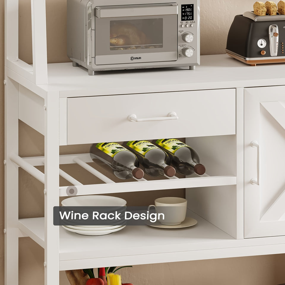 Bread Rack, Coffee Bar Cabinet With Wine Rack, Storage Drawers And 8 Hooks, Kitchen Bread Rack With Storage, White