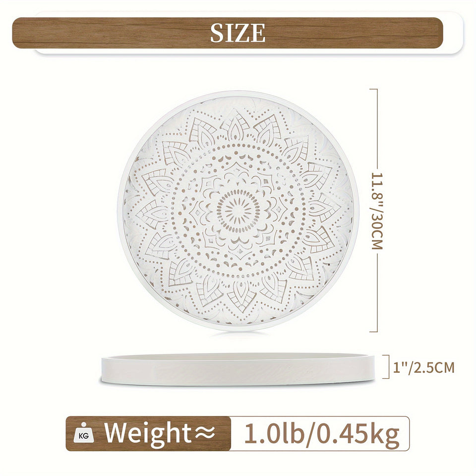Rustic Farmhouse White Wooden Tray with Unique House Pattern - 12" Round Decorative Serving Tray for Coffee Table, Perfect for Home Decor, Parties & Gifts