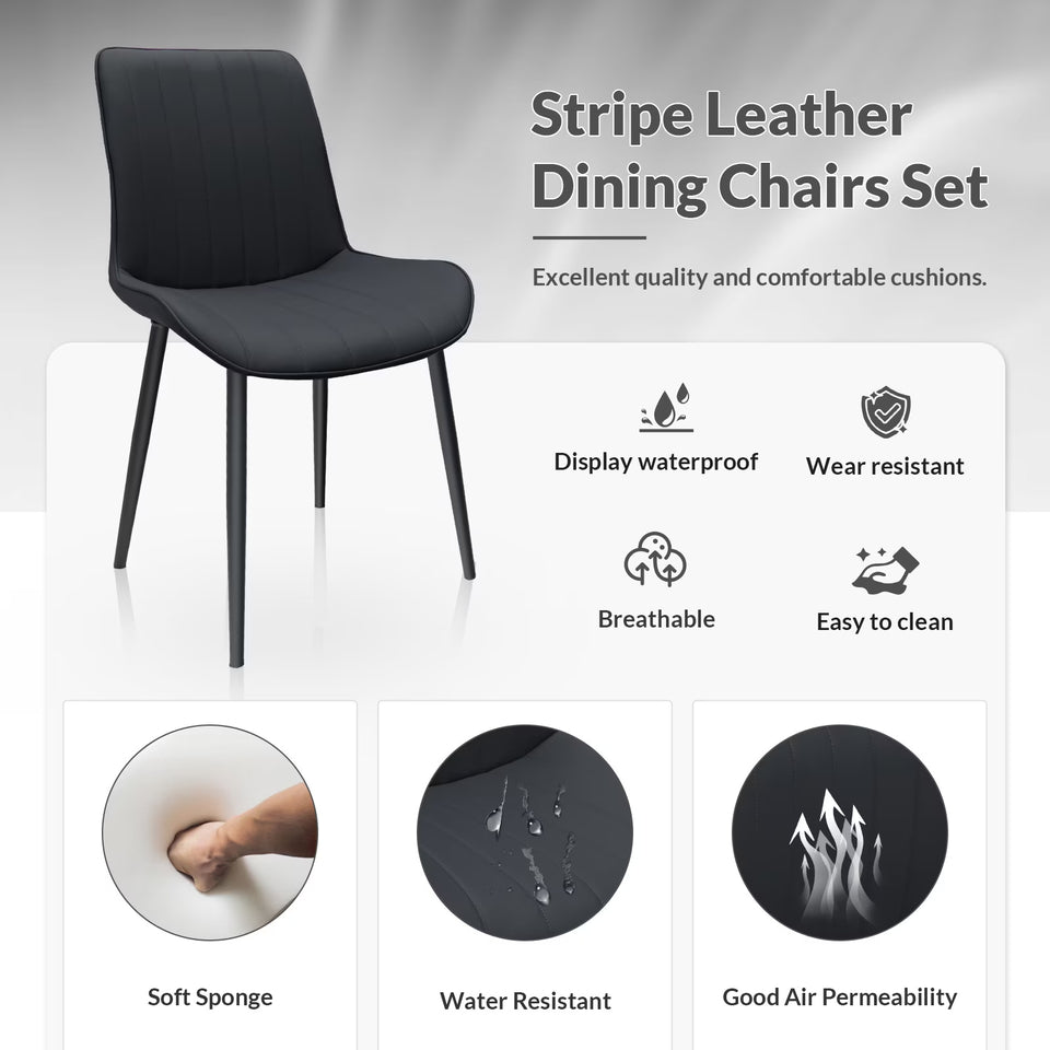 Black PU Leather Dining Chair With Metal Legs, Wave Pattern Upholstered Armless Chair Set Of 4 For Kitchen, Restaurant, Living, Meeting Room