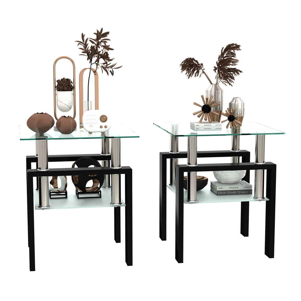 Coffee Table Set Of 3, Glass Coffee Table And 2 Side Tables, Modern Table Set For Living Room With Metal Leg