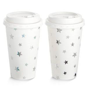 48-Pack Cute Foil Stars Insulated Disposable Coffee Cups with Lids, 16Oz Paper Hot Cup to Go for Twinkle Little Star Baby Shower, Birthday, Events