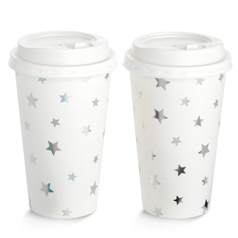 48-Pack Cute Foil Stars Insulated Disposable Coffee Cups with Lids, 16Oz Paper Hot Cup to Go for Twinkle Little Star Baby Shower, Birthday, Events