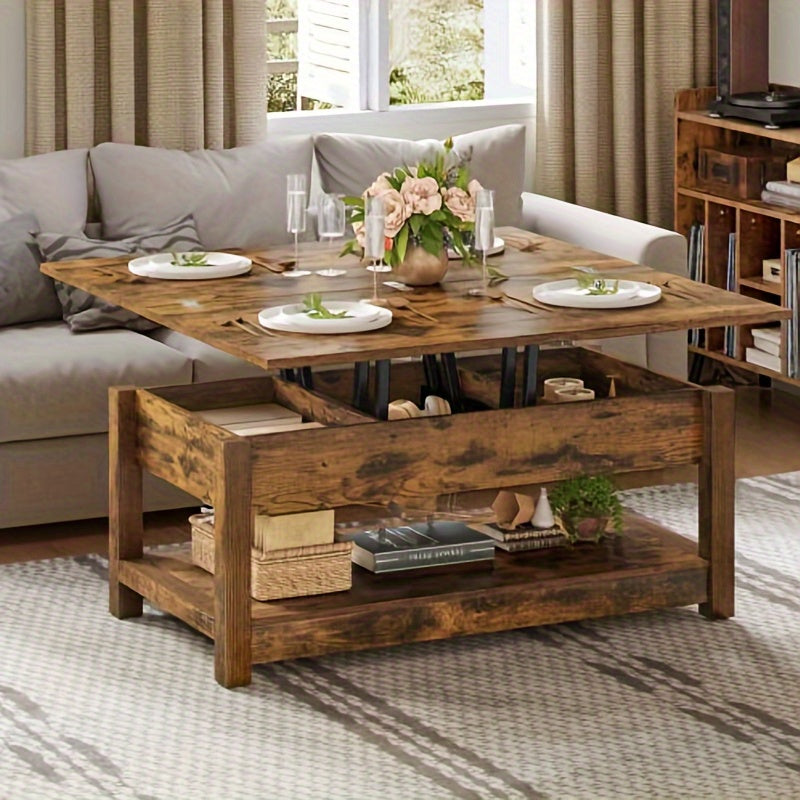 Sablyme Rustic Farmhouse Lift Top Coffee Table, 3-in-1 Multi-Function Center Table with Storage, Brown Hardwood - Ideal for Living Room, Adjustable Height for Comfortable Use