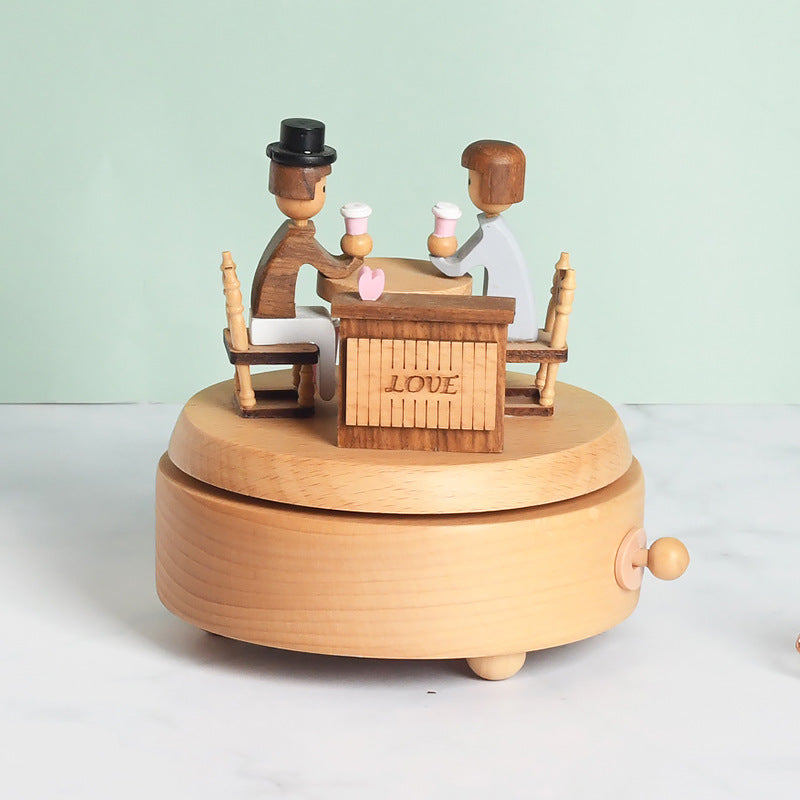 Afternoon Coffee Shop Couple Tanabata Home Decoration Wooden Music Box