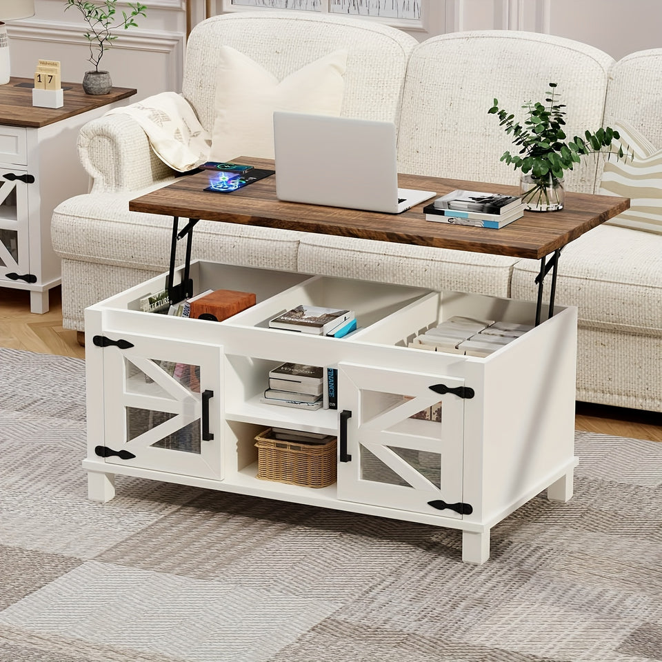 Lift Top Coffee Table with RGB Lights, Farmhouse Coffee Table with Charging Station, Dining Table with Large Hidden Storage Shelf for Living Room, 22" (55.8cm) D x 40.1"(101.85cm) W x 19" (48.26cm) H