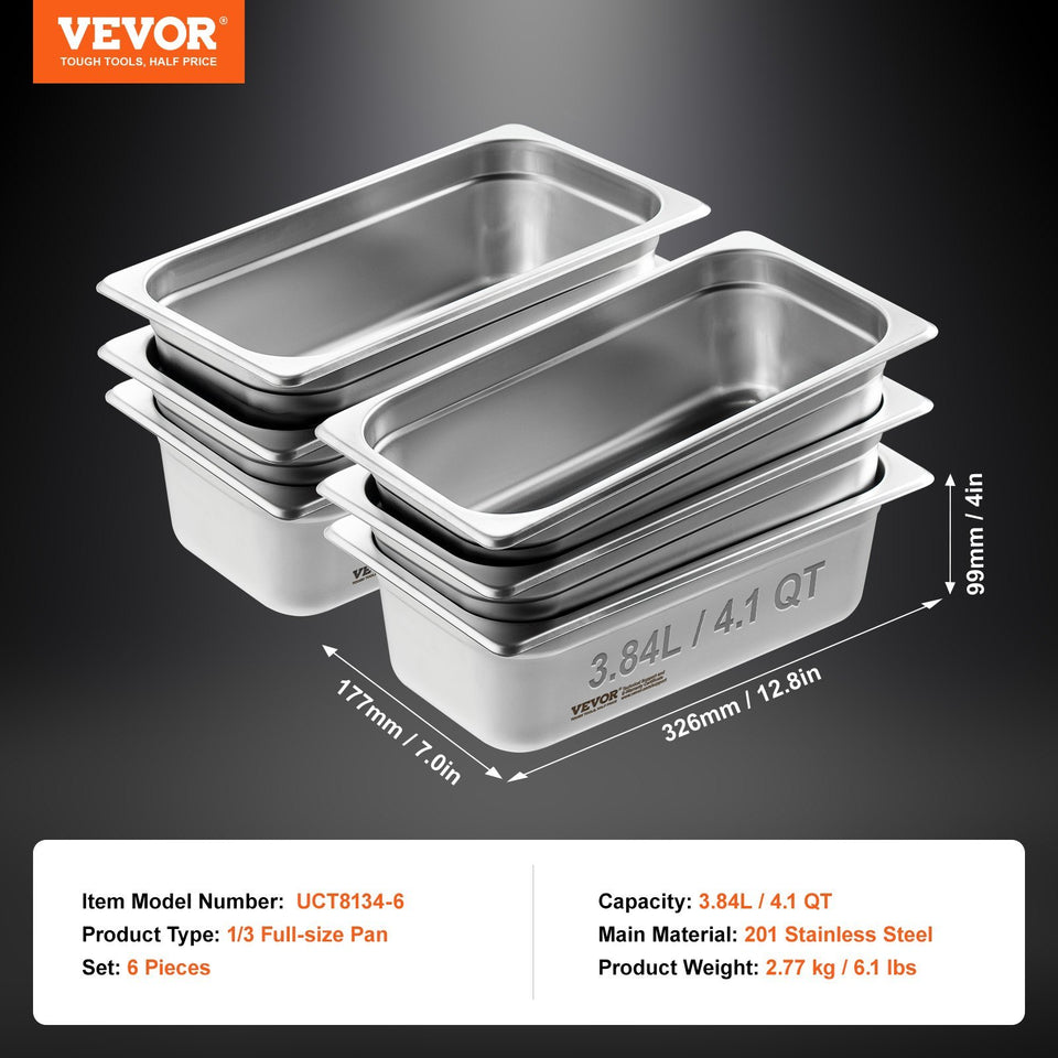VEVOR 6 Pack Hotel Pans,  Anti-Jam Steam Pan, 0.8mm Thick Stainless Steel Restaurant Steam Table Pan, 4Inch Deep Commercial Table Pan, Catering Storage Food Pan, For Industrial & Scientific