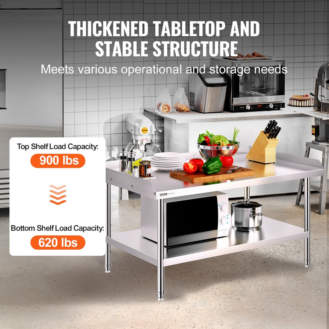 VEVOR Stainless Steel Work Table, 30 X 48 X 26 Inch Commercial Food Prep Worktable, 3-Sided Backsplash Heavy Duty Prep Worktable, Metal Work Table With Adjustable Height For Restaurant Home Hotel