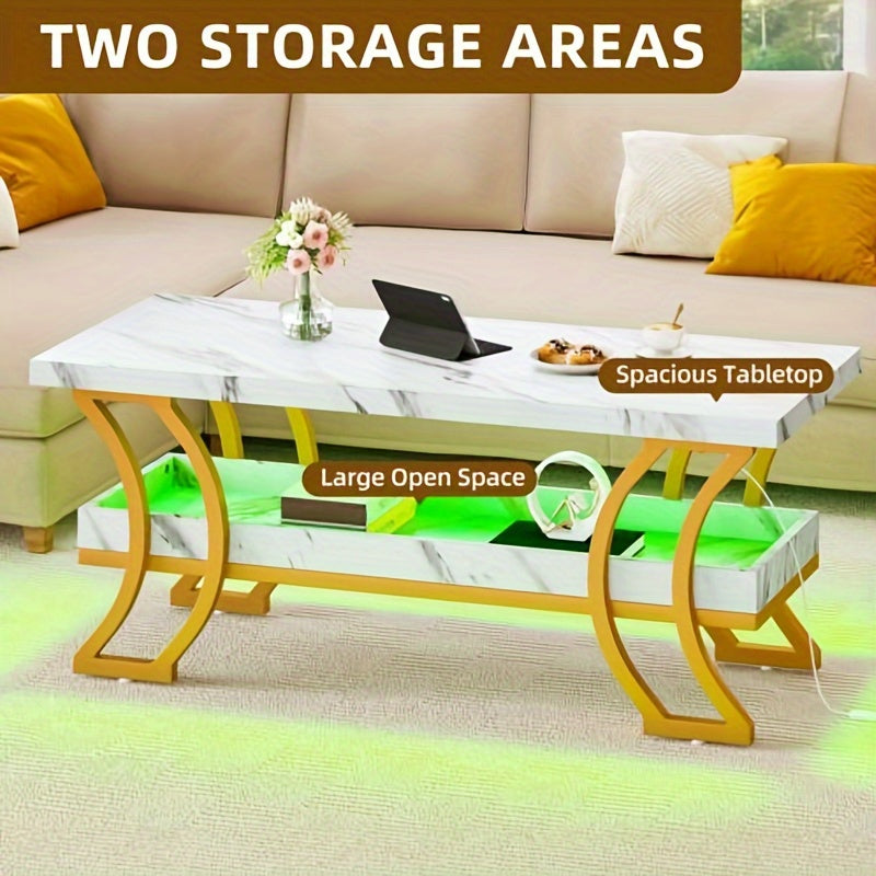 HOMIFLEX Coffee Table Modern Coffee Tables for Living Room White Marble Coffee Table Led Coffee Table with Storage 2-Tier Wood Center Table, Gold and White