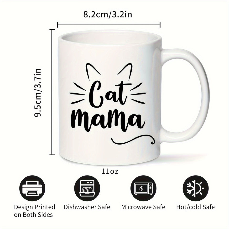 Cat Mom Ceramic Coffee Mug 11oz - Hand Wash Only Insulated Reusable Round Mug for Multipurpose Use, Microwave Safe Cat Mama Gifts for Women