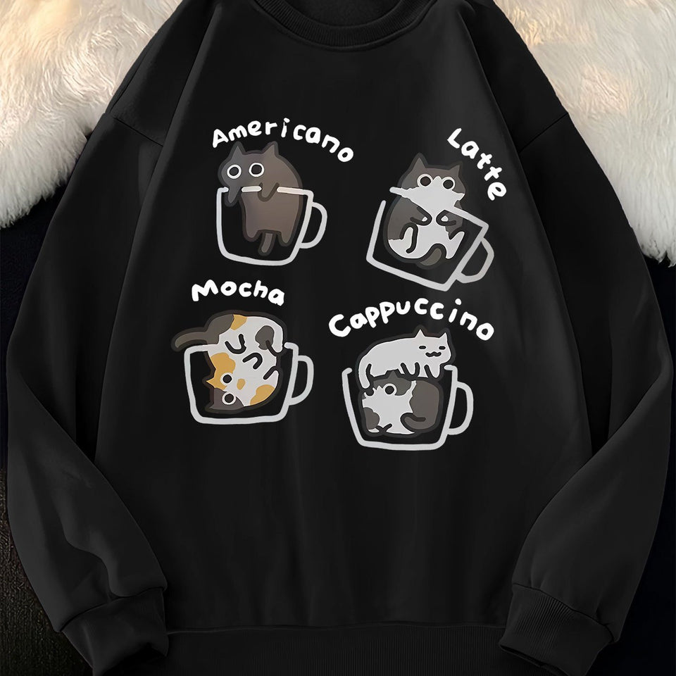 [100% Polyester Long Sleeve Sweatshirt] Casual Crew Neck Sweatshirt with Cute Cat in Coffee Cup Print - 100% Polyester Knit Fabric, Long Sleeve Pullover for All Seasons, Animal Pattern, Comfort Style Top for Women