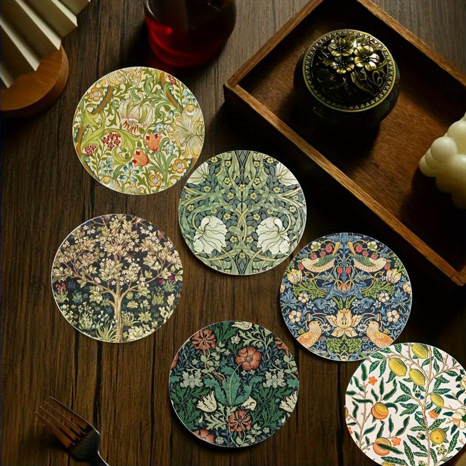 6pcs Botanical Wooden Coaster Set - Heat-Resistant & Decorative, Perfect for Home & Coffee Shops, Ideal for Halloween, Christmas, Mother's Day & Graduation Gifts