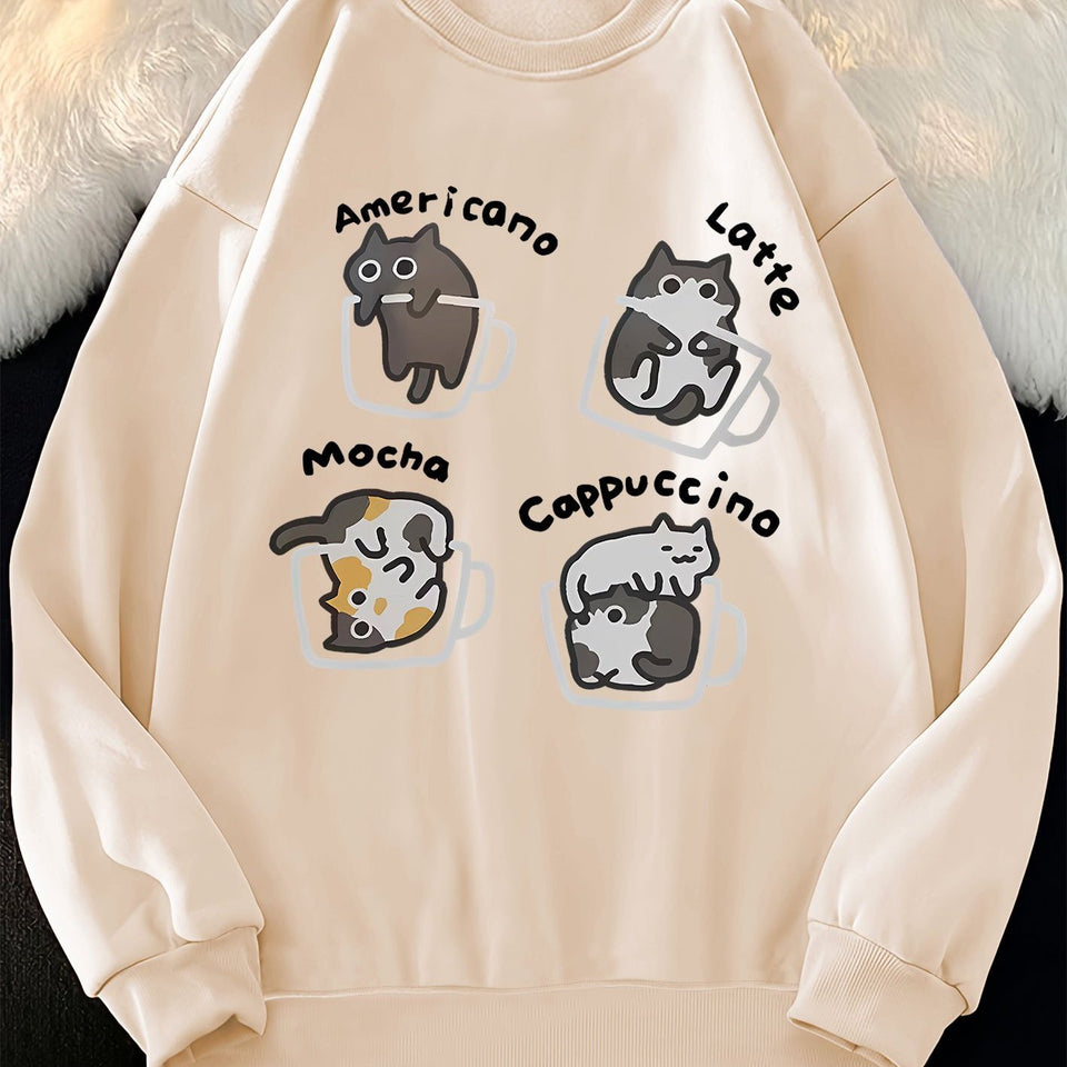 [100% Polyester Long Sleeve Sweatshirt] Casual Crew Neck Sweatshirt with Cute Cat in Coffee Cup Print - 100% Polyester Knit Fabric, Long Sleeve Pullover for All Seasons, Animal Pattern, Comfort Style Top for Women