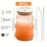 8PCS, Ribbed Drinking Glass Cups with Straws Set, 18 oz Aesthetic Iced Coffee Glasses, Wave Bubble Glasses Tumbler, Ripple Glassware, Beer Glasses for Coctail, Milk, Soda, Gift with Brush