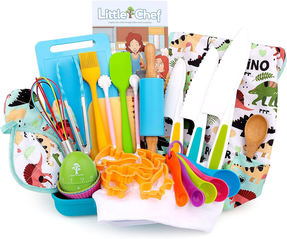 Kids Cooking Baking Set for Girl Boy, Real Baking Supplies Kits, Birthday Gifts for 3+ Year Old Girls, Kids Baking Utensils Includes Rolling Pins Chef Costume Hat and Apron Dinosaur