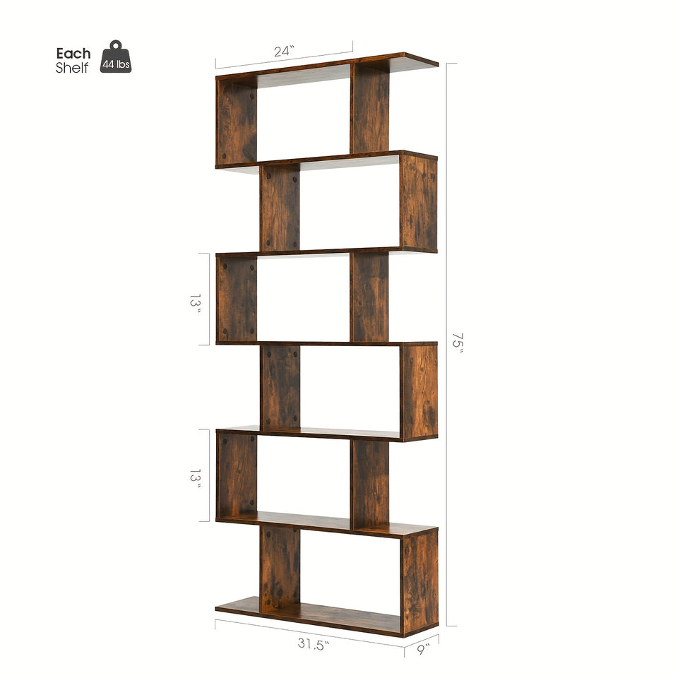 1pc Costway 6 Tier S-Shaped Bookshelf Storage, Display Bookcase Decor Z-Shelf, Coffee