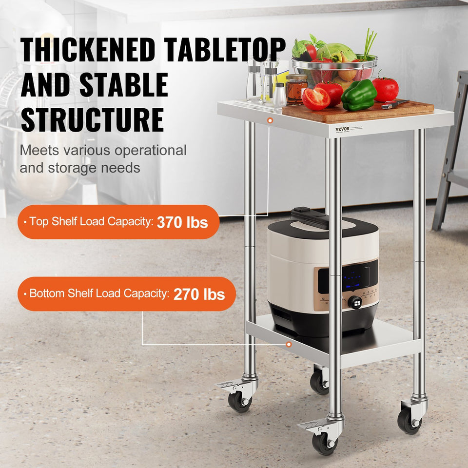 VEVOR Stainless Steel Work Table 24 X 18 X 38 Inch, With 4 Wheels, 3 Adjustable Height Levels, Heavy Duty Food Prep Worktable For Commercial Kitchen Restaurant, Silver