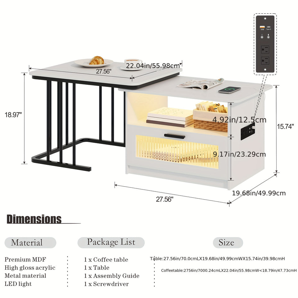 Modern Square LED Coffee Table with Storage - Auto Sensor 3 Colors Lights, Charging Station, Low Profile, White Finish - Perfect for Living Room, Center Table, Coffee Bar Table