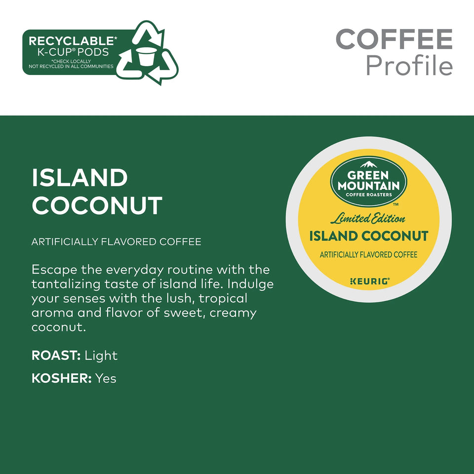 Green Mountain Coffee Island Coconut, K-Cup Pods, Light Roast, 24 Count for Keurig Brewers