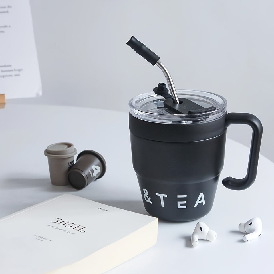 480ml/16 Oz Double-Layer Vacuum Insulated Stainless Steel Coffee Cup With Handle And Straw, Black, White, Light Blue, Pink, Brown, Green