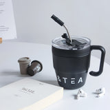 480ml/16 Oz Double-Layer Vacuum Insulated Stainless Steel Coffee Cup With Handle And Straw, Black, White, Light Blue, Pink, Brown, Green