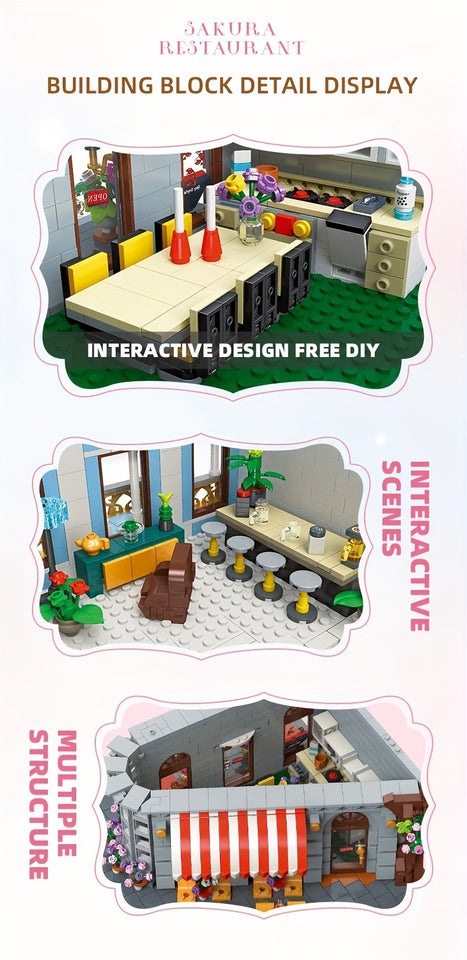 JIE-STAR 3725pcs Sakura Restaurant Street Scene Building Blocks Set - Creative Home Decor, Romantic Architectural Model Kit for Display