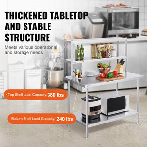 VEVOR Double Overshelf, Double Tier Stainless Steel Overshelf, 12 X 48 Inch Double Deck Overshelf, Height Adjustable Overshelf Prep Work Table For Kitchen, Restaurant And Workshop