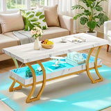 HOMIFLEX Coffee Table Modern Coffee Tables for Living Room White Marble Coffee Table Led Coffee Table with Storage 2-Tier Wood Center Table, Gold and White