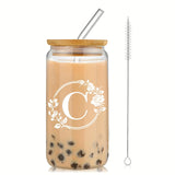 1pc Alphabet Letter A-Z Glass Coffee Mug - 16oz Large Capacity, Bamboo Lid, Straw, and Handle - Perfect for Office, Home, Birthday, Bridesmaid, Thanksgiving, Christmas, Eid Al-Adha Mubarak, and Party Use
