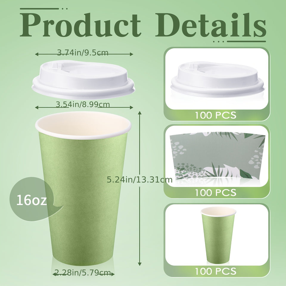 100 Pack 16 Oz Coffee Cups With Lids And Sleeves Sage Green Disposable Paper Cups Hot Cups Bulk For Spring Home Restaurant Wedding Event Decoration (Sage Green, 16 Oz)