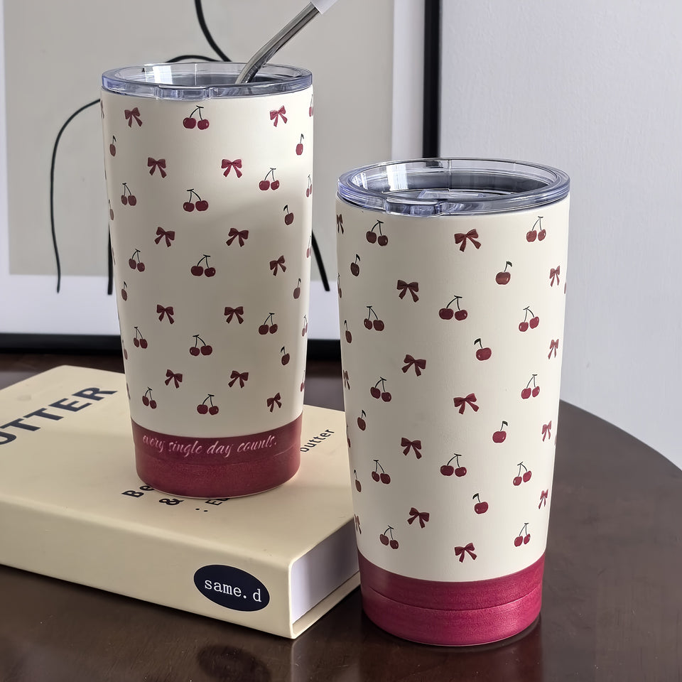 Charming Cherry Bowls Travel Mug: 600ml/20.29OZ, Double-Walled Stainless Steel, Hand Wash Only, Perfect for Coffee, Tea, or Cold Drinks - Great for Travel, Gym, or Outdoor Activities