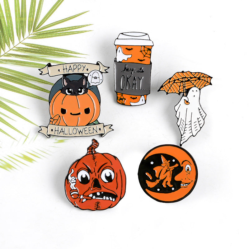 Happy Halloween Enamel Pin Custom Coffee Moon Ghost Pumpkin