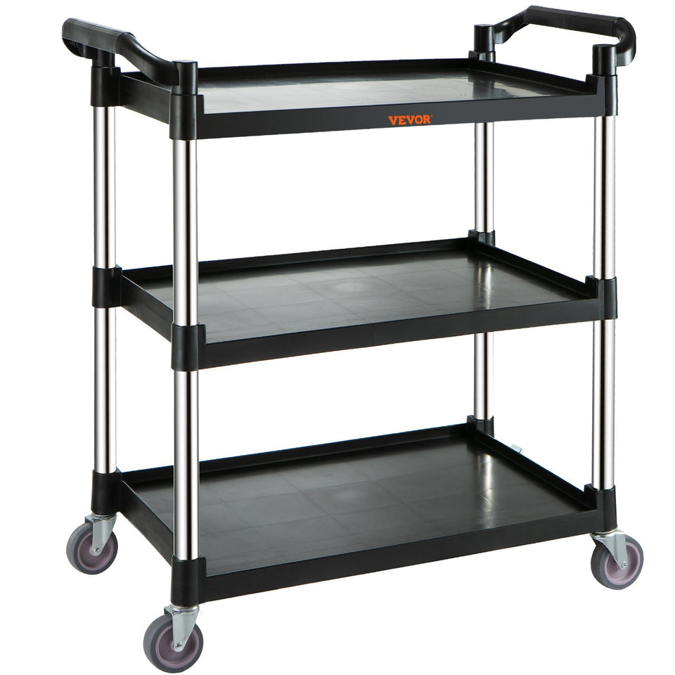 VEVOR Utility Service Cart, 3 Shelf Heavy Duty 154LBS Food Service Cart, Rolling Utility Cart With Lockable Wheels, Plastic Utility Cart For Kitchen Office Restaurant Home, Black