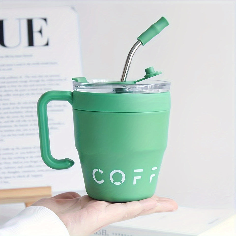 480ml/16 Oz Double-Layer Vacuum Insulated Stainless Steel Coffee Cup With Handle And Straw, Black, White, Light Blue, Pink, Brown, Green