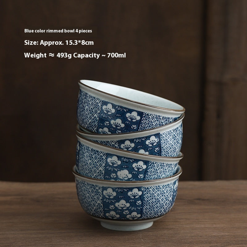 Large Capacity Restaurant Blue Edge Protection High Temperature Porcelain Underglaze Color Rice Bowl