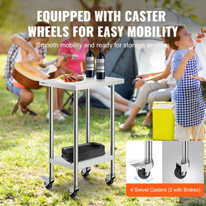 VEVOR Stainless Steel Work Table 24 X 18 X 38 Inch, With 4 Wheels, 3 Adjustable Height Levels, Heavy Duty Food Prep Worktable For Commercial Kitchen Restaurant, Silver