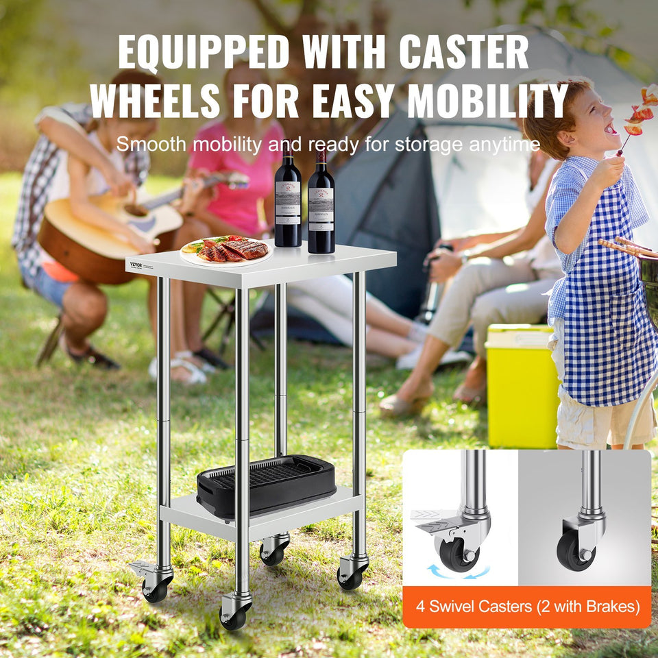 VEVOR Stainless Steel Work Table 24 X 18 X 38 Inch, With 4 Wheels, 3 Adjustable Height Levels, Heavy Duty Food Prep Worktable For Commercial Kitchen Restaurant, Silver