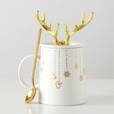 Nordic Couple Mug Porcelain Cup Golden Antlers Cover Home Spoon With Lid Milk Coffee Cup Drinking Glass Black White Ceramic Mug