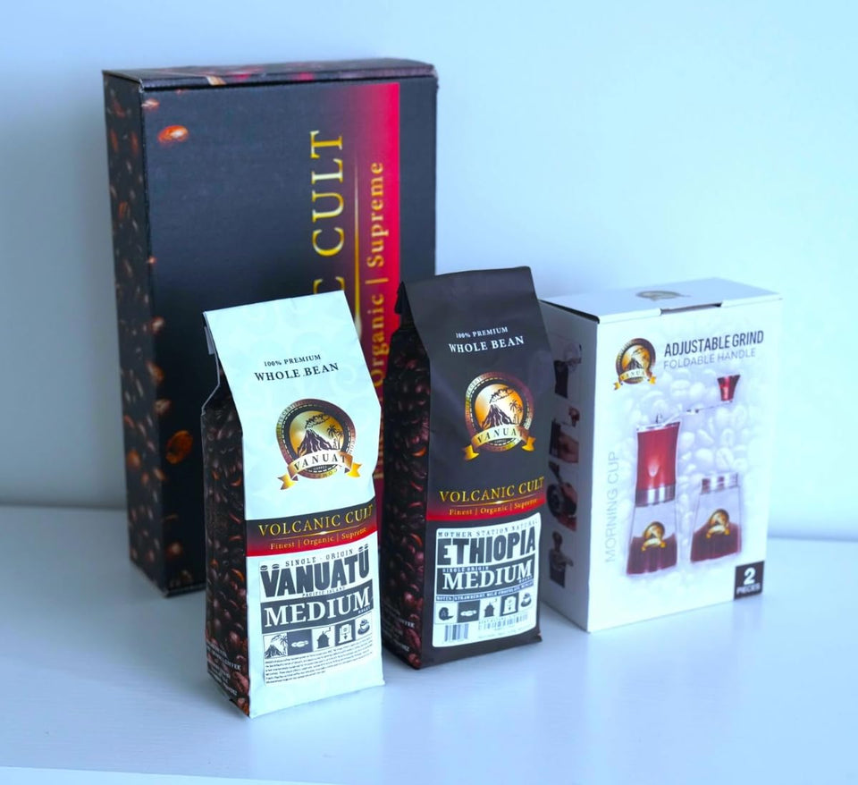 GIFTBOX MEDIUM ROAST VANUAT COFFEE KIT SET Volcanic Cult Organic Supreme Finest Artisan Whole Bean Beans for Drip Coffee Cold Brew Espresso French Press Turkish Brew Dark Medium Light Roast from Vanuatu Sumatra Ethiopia Ethiopian Brazil Bra