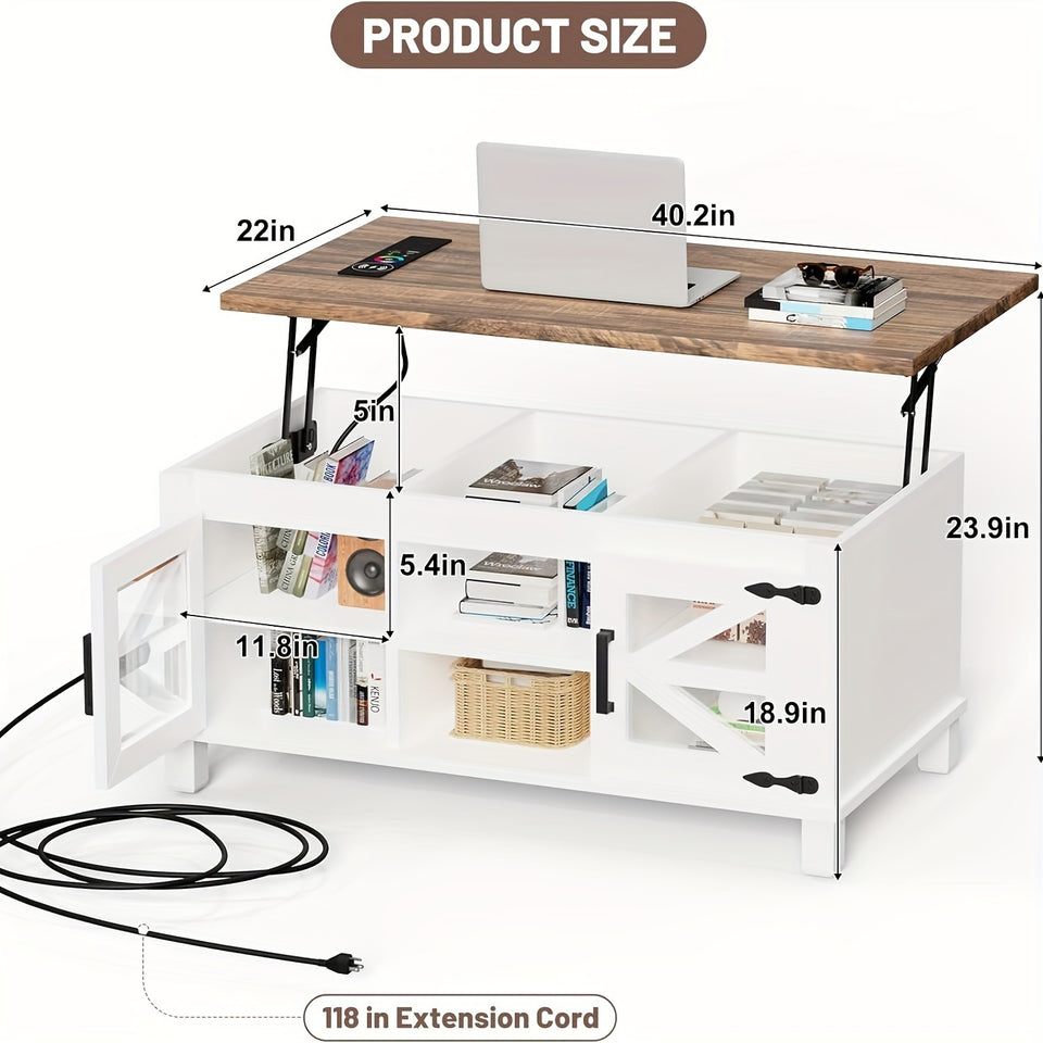Lift Top Coffee Table with RGB Lights, Farmhouse Coffee Table with Charging Station, Dining Table with Large Hidden Storage Shelf for Living Room, 22" (55.8cm) D x 40.1"(101.85cm) W x 19" (48.26cm) H