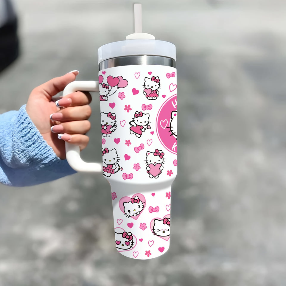 1pc 40oz Cute Hello Kitty with Handle Large Coffee Water Bottle Printed with Katie Cat Pattern Stainless Steel Insulation and Cold Preservation Water Cup Suitable for Gifts to Family and Friends with Straw, The Straw Is Insid