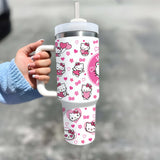 1pc 40oz Cute Hello Kitty with Handle Large Coffee Water Bottle Printed with Katie Cat Pattern Stainless Steel Insulation and Cold Preservation Water Cup Suitable for Gifts to Family and Friends with Straw, The Straw Is Insid