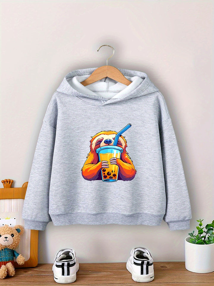 Boys' Cozy Sloth Milk Tea Print Hoodie - Casual Pullover Sweatshirt for Fall/Winter, Machine Washable