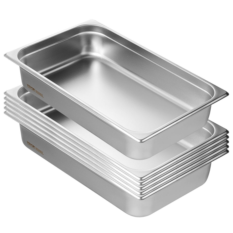 6 Pack Hotel Pans, Full Size Anti-Jam Steam Pan, 0.8mm Thick Stainless Steel Restaurant Steam Table Pan, 4-Inch Deep Commercial Table Pan, Catering Storage Food Pan, For Industrial  Scientific