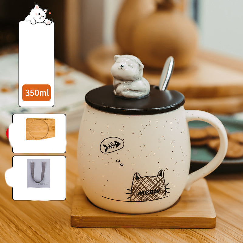 Cute Mark Ceramic Cup Female Coffee Spoon With Lid Cat Home Breakfast
