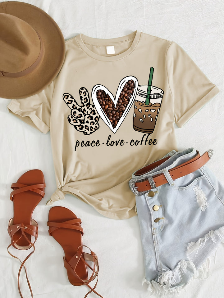 Peace Love Coffee Print, Girls Comfy T-shirt & Shorts Set, Casual Lightweight And Trendy Clothing For Summer