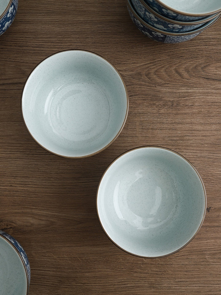 Large Capacity Restaurant Blue Edge Protection High Temperature Porcelain Underglaze Color Rice Bowl