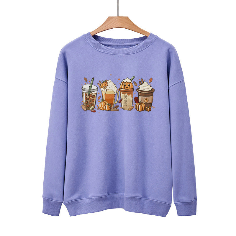 New Coffee Pumpkin Halloween Street Spring Autumn And Winter Round Neck Loose Casual Pullover